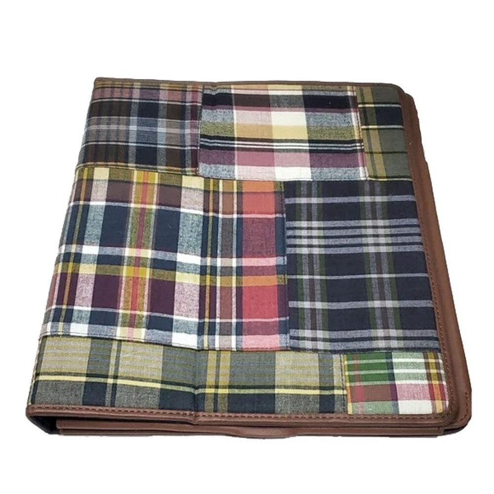 NEW POLO RALPH LAUREN Patchwork Madras Plaid & Leather Tablet Cover!  Navy Brown